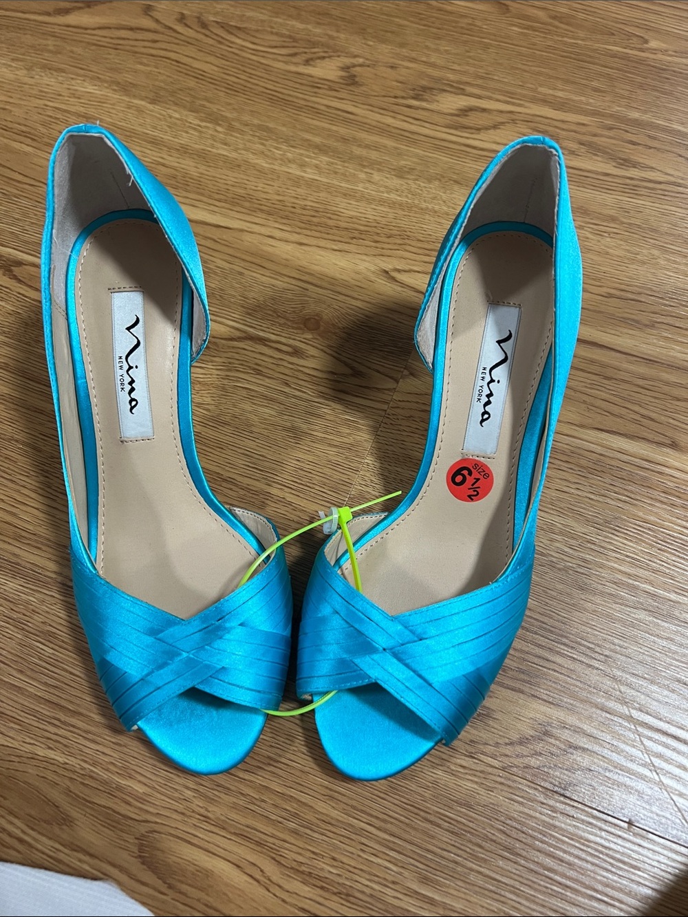 Nina Turquoise Satin D'Orsay Open-Toe Heels
